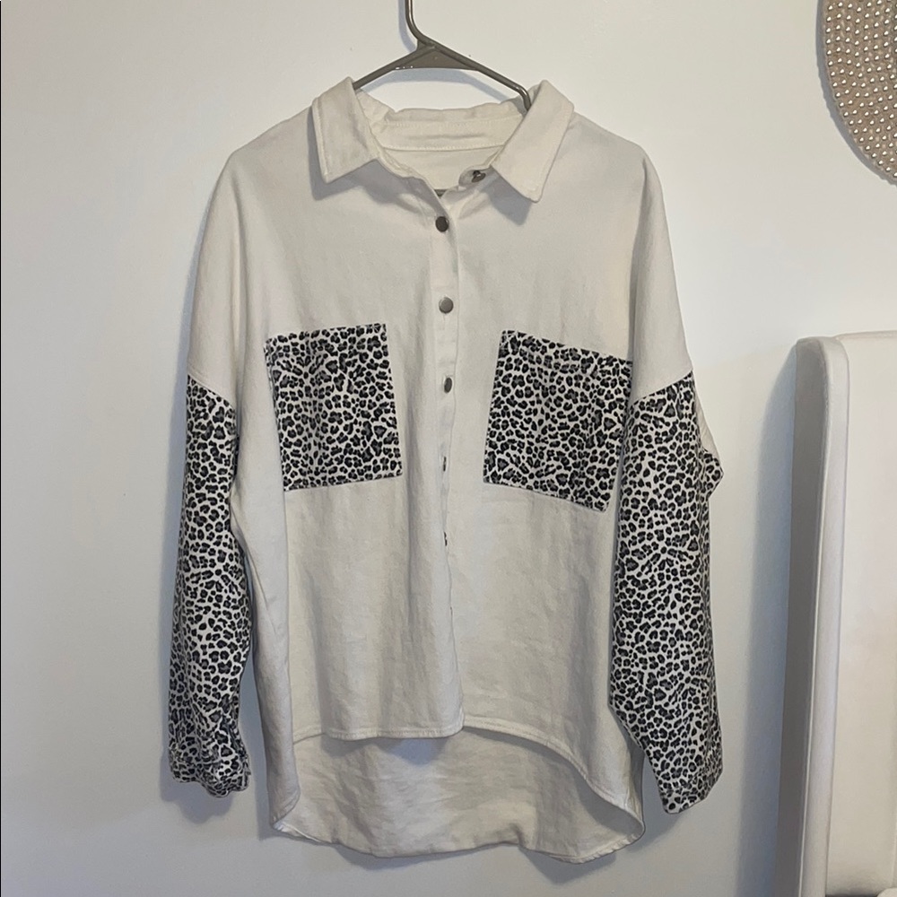 White Button-Up Jean Jacket with Leopard Print Accents